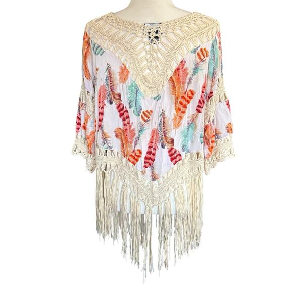 Step In Style Top Women's Bohemian Crochet Front Floral XL Ivory Hippie Coastal - Picture 3 of 11
